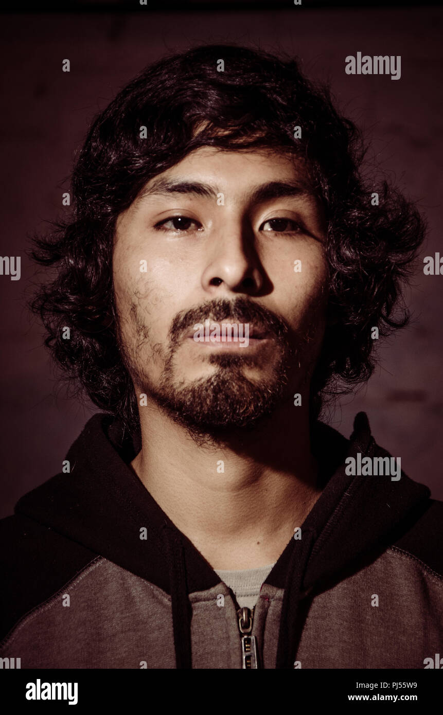 Ritratto di giovane uomo con la barba che indossa camicia e sfumature di alberi del parco Foto Stock