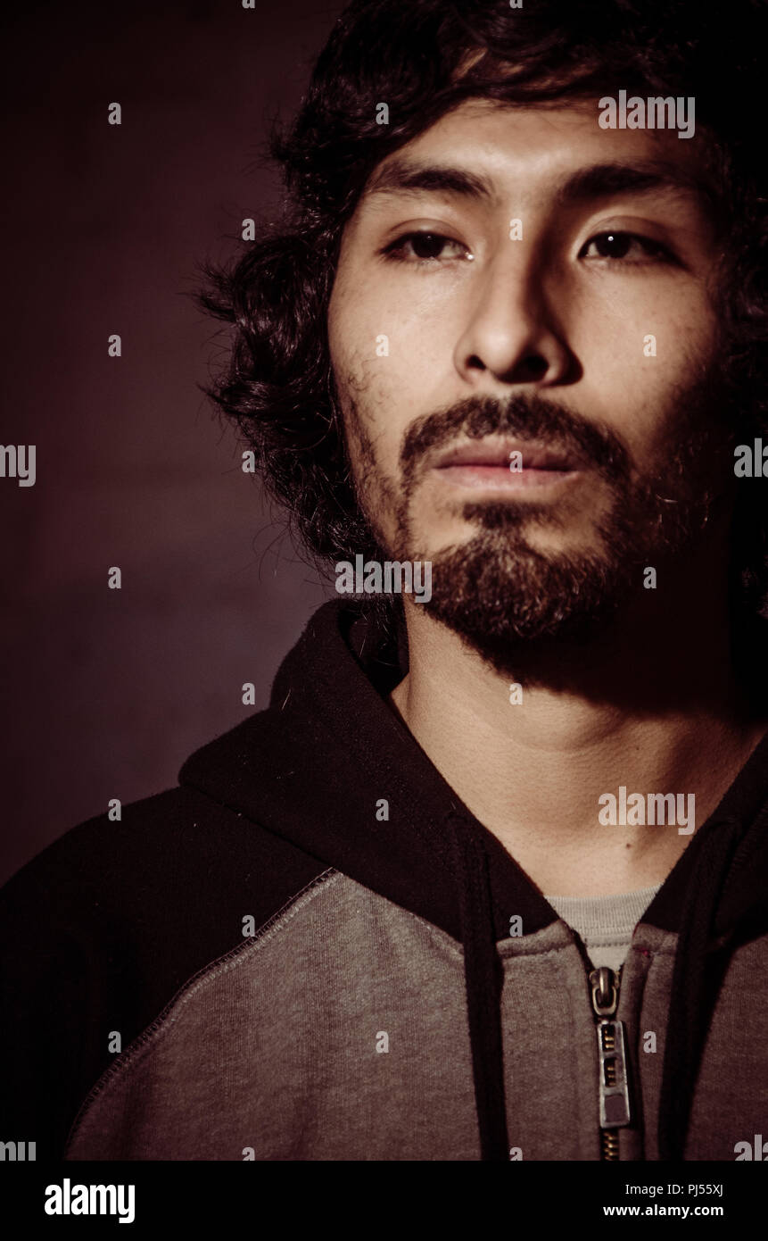 Ritratto di giovane uomo con la barba che indossa camicia e sfumature di alberi del parco Foto Stock