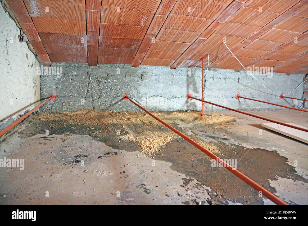 Attico umido con gravi problemi di umidità e di infiltrazioni dal tetto a causa della squallida shingles Foto Stock
