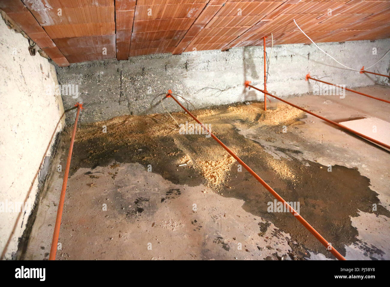Wet attico con problemi di umidità e molte infiltrazioni dal tetto Foto Stock