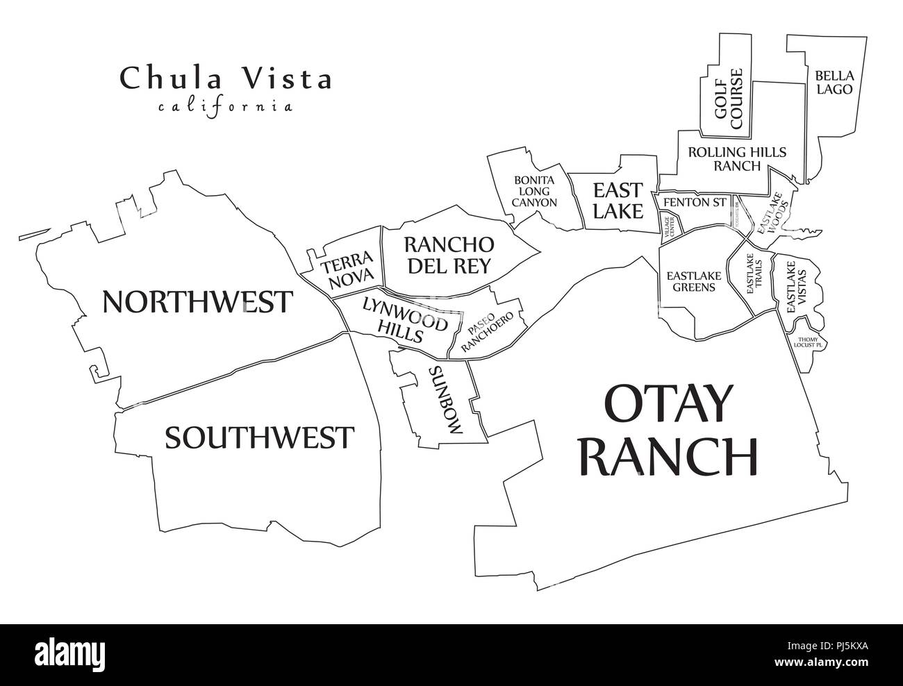 Città moderna mappa - Chula Vista California città degli Stati Uniti con i quartieri e i titoli mappa di contorno Illustrazione Vettoriale
