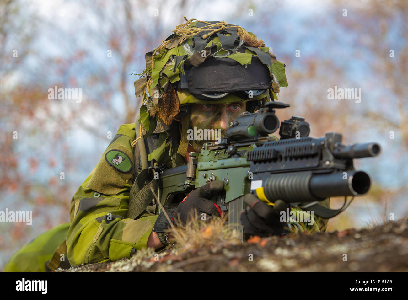 Marines svedese siti bersaglio durante l assalto anfibio prova durante l'esercizio arcipelago adoperano lungo con Marines da Marino Force-Europe rotazionale in Korso, in Svezia, il 30 agosto 2018. Arcipelago Endeavour è un accordo bilaterale in materia di esercizio in Svezia per migliorare l'interoperabilità e rafforzare la sicurezza nella regione del Mar Baltico. Questa è la prima volta negli Stati Uniti e Marines svedese sono stati formati come una unità integrata sul combattimento svedese barca 90 (CB-90) per eseguire una società a livello di assalto anfibio sull'esterno arcipelago di Stoccolma. (U.S. Marine Corps photo by Lance Cpl. Menelik Collins/rilasciato) Foto Stock