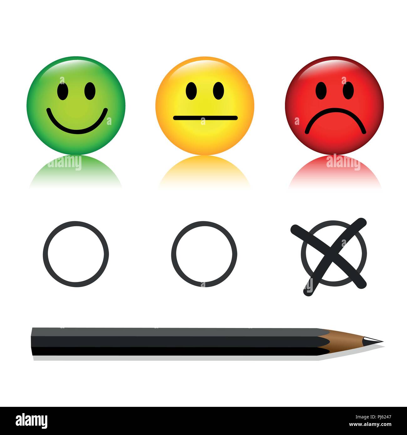Smiley emoticon rating impostato con penna infelice isolati su sfondo bianco illustrazione vettoriale Illustrazione Vettoriale