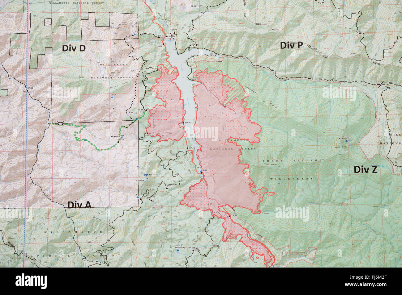 Terwilliger Fire Camp o, Stati Uniti d'America - 30 agosto 2018: Dettaglio Mappa del fuoco Terwilliger, attualmente viene effettuata la combustione di più di 8000 acri di Willamette Nationa Foto Stock