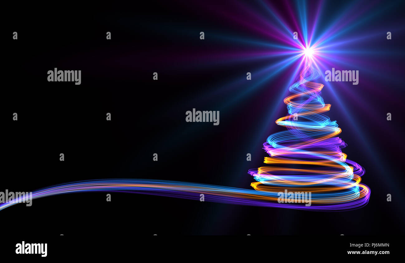 Albero di Natale da giallo, blu e viola Neon di striature. 3D'illustrazione. Foto Stock