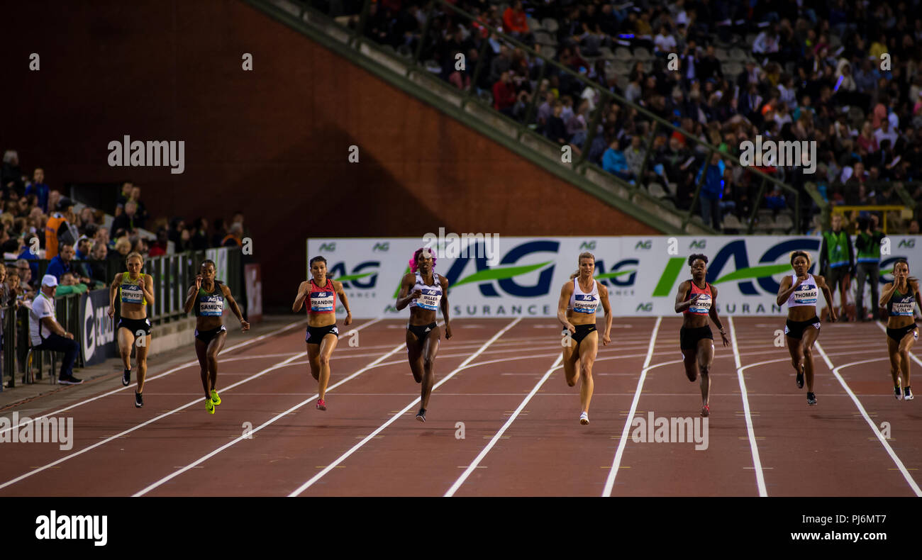 Bruxelles - Belgio, 31 ago 18. Manon Depuydt, Jamile Samuel, Jenna Prandini, Shaunae Miller - Uibo, Dafne Schippers, Shericka Jackson e Gabrielle Th Foto Stock