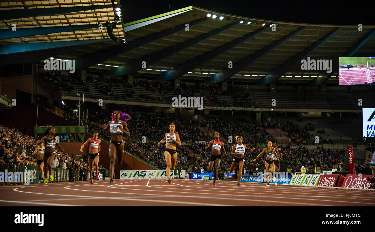 Bruxelles - Belgio, 31 ago 18. Manon Depuydt, Jamile Samuel, Jenna Prandini, Shaunae Miller - Uibo, Dafne Schippers, Shericka Jackson, Gabrielle Thoma Foto Stock