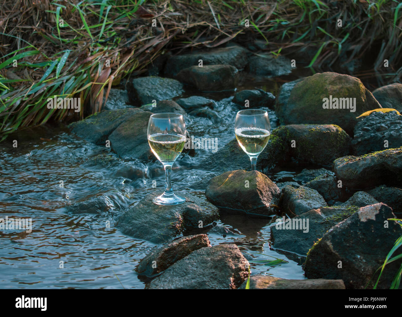 Vino bianco bicchieri in colori luminosi su pietre in acqua corrente Foto Stock