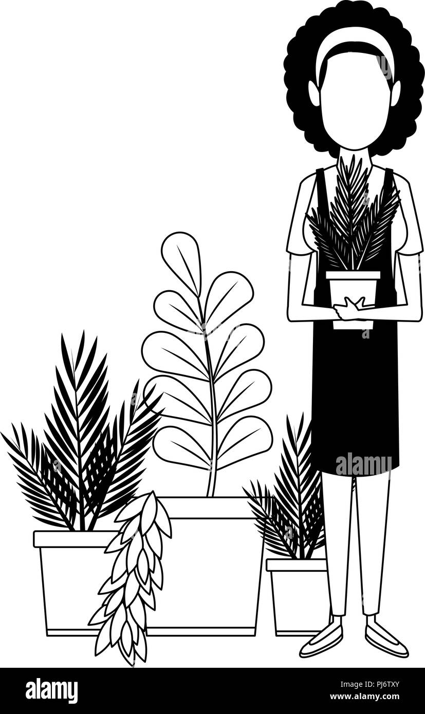 Donna che mantiene impianto pot in bianco e nero Illustrazione Vettoriale