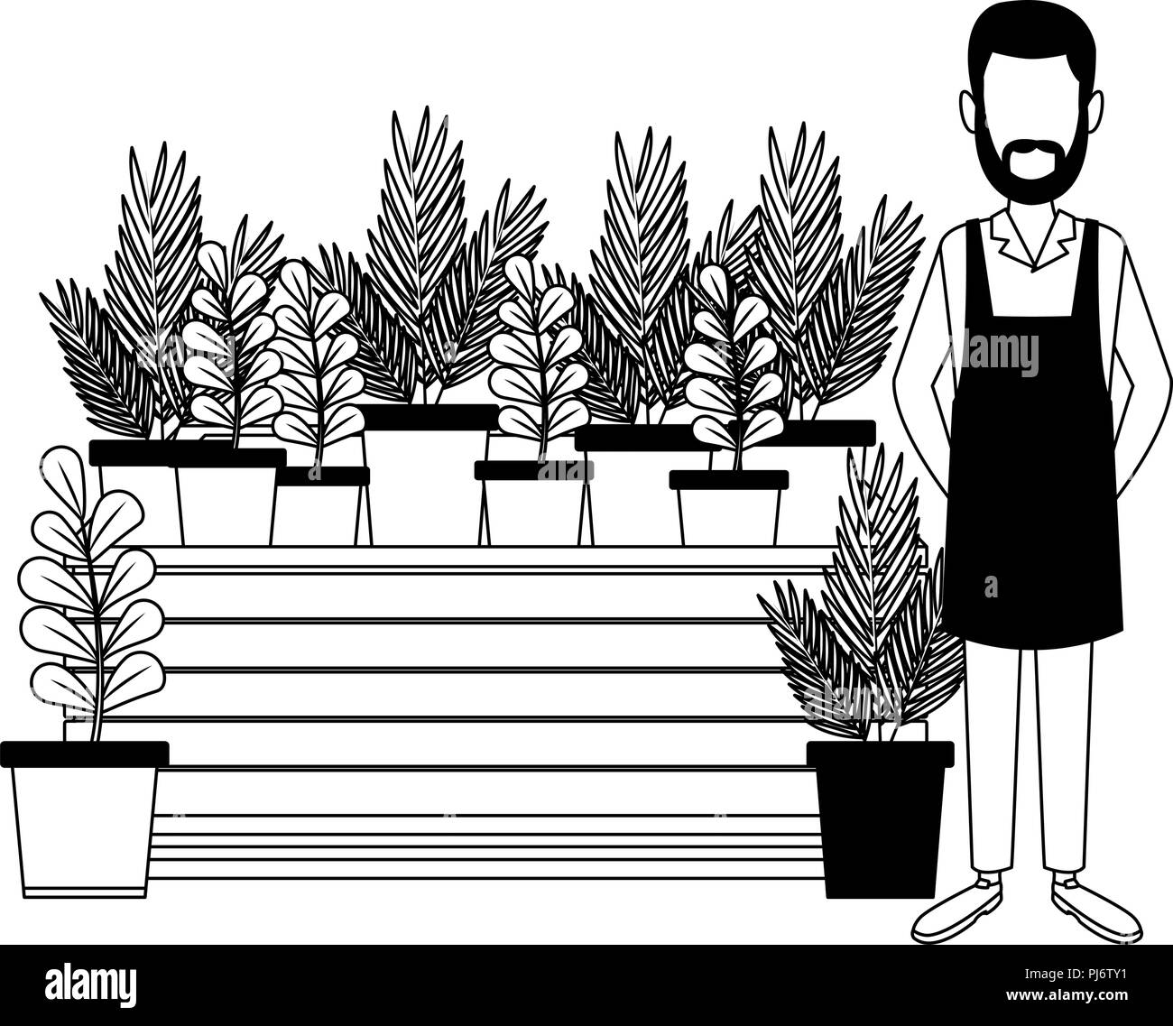 Giardiniere con piante in bianco e nero Illustrazione Vettoriale