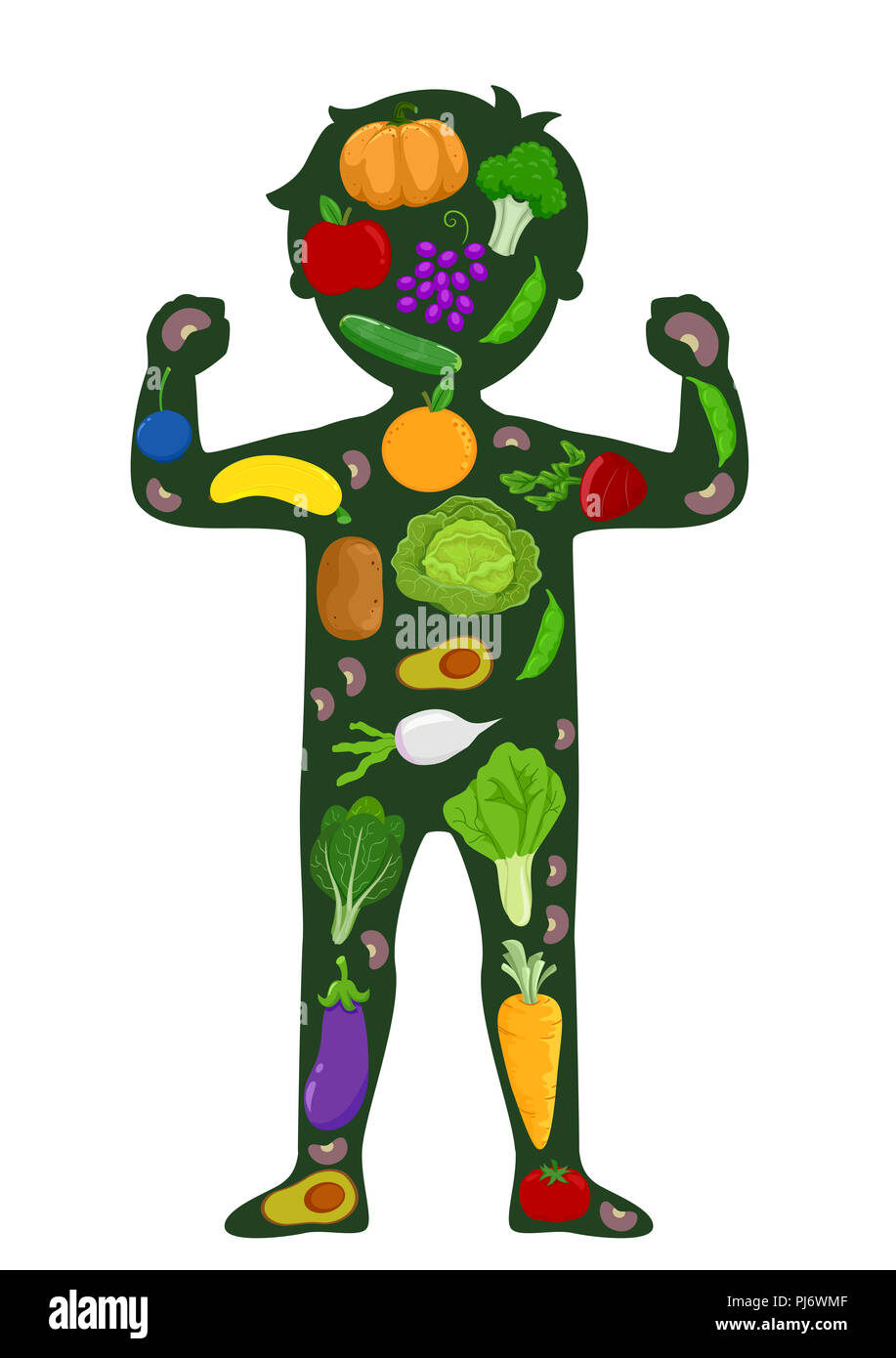 Illustrazione di un capretto corpo forte Silhouette con frutta e verdura che copre tutto il suo corpo Foto Stock