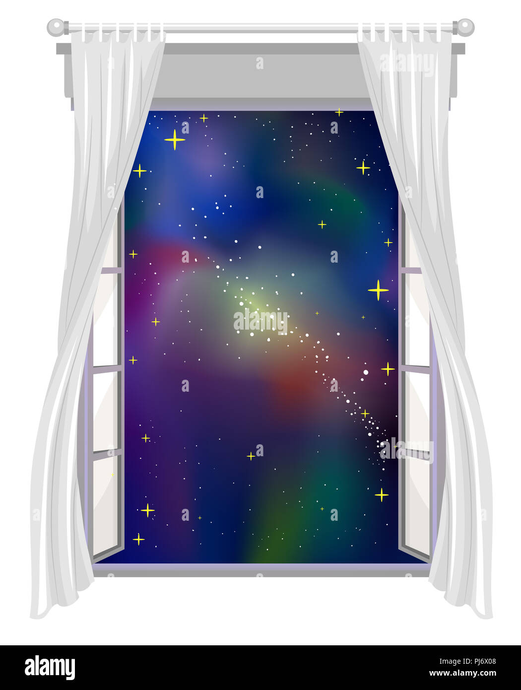 Illustrazione di una finestra aperta con tende ad apertura verso lo spazio Foto Stock