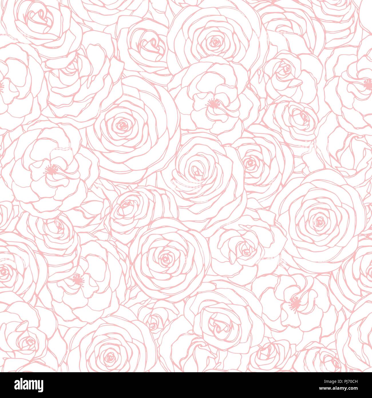 Vector seamless pattern con rose fiori contorno rosa su sfondo bianco. Disegnato a mano ripetere floreali ornamento di fiori in stile sketch. Utilizzabile Illustrazione Vettoriale