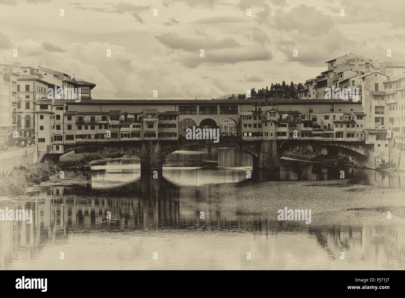 Ponte vecchio di Firenze vista riflessione seppia stile vecchia cartolina in bianco e nero Foto Stock