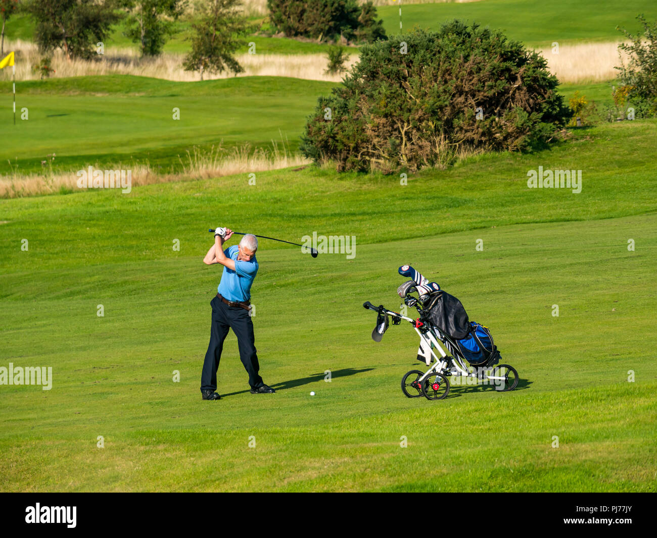 Senior uomo con golf cart swinging golf club per colpire la pallina da golf sul campo da golf a Sunshine, Edimburgo, Scozia, Regno Unito Foto Stock