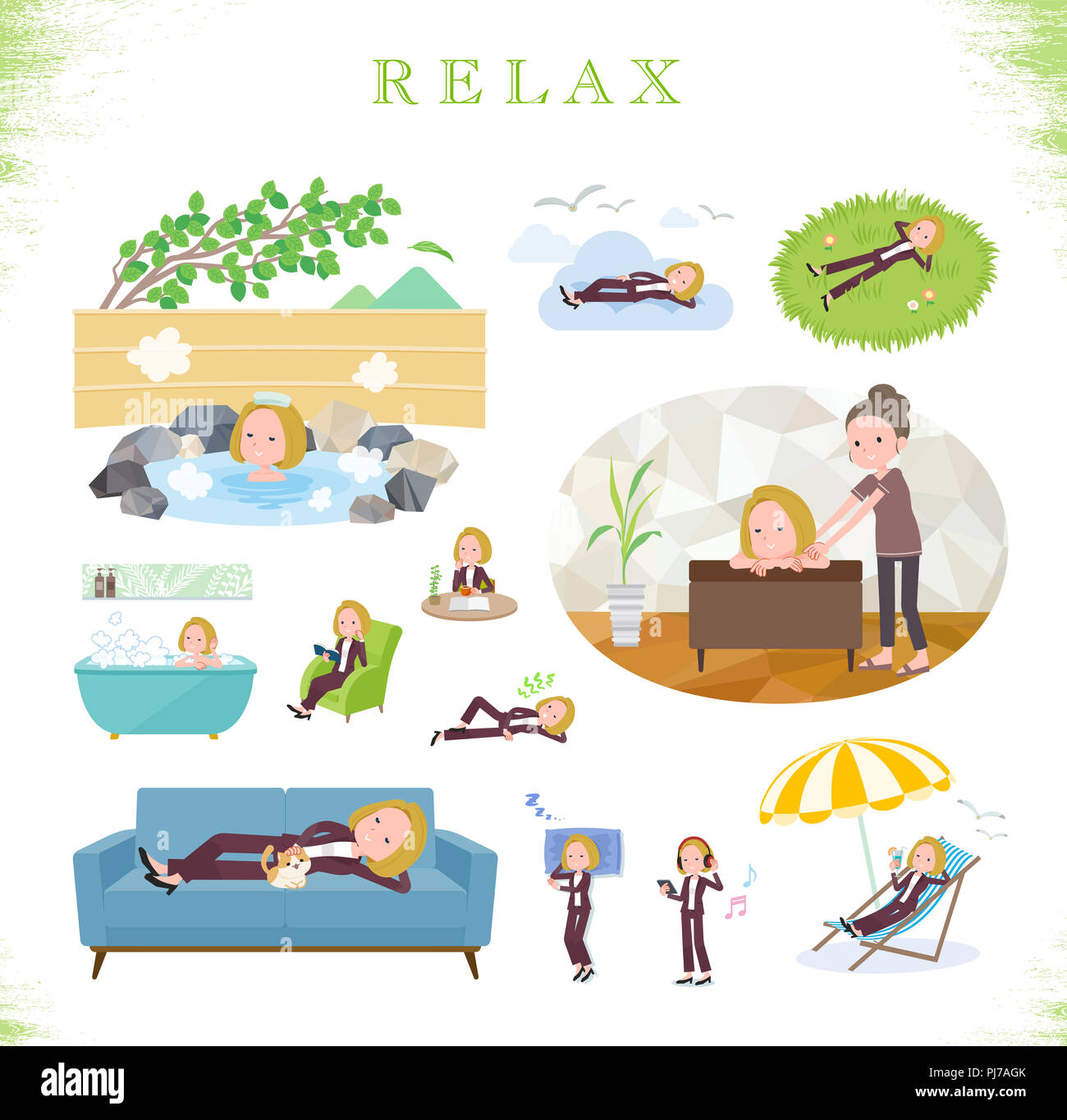 Un gruppo di donne circa rilassante.Ci sono azioni come la vacanza e per alleviare lo stress.it vettore dell'arte così è facile da modificare. Foto Stock