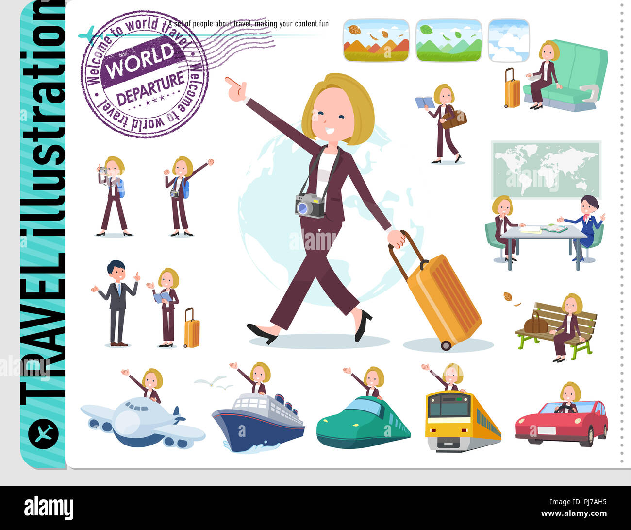 Un gruppo di donne sul viaggio.Ci sono anche i veicoli come le navi e aerei.it vettore dell'arte così è facile da modificare. Foto Stock