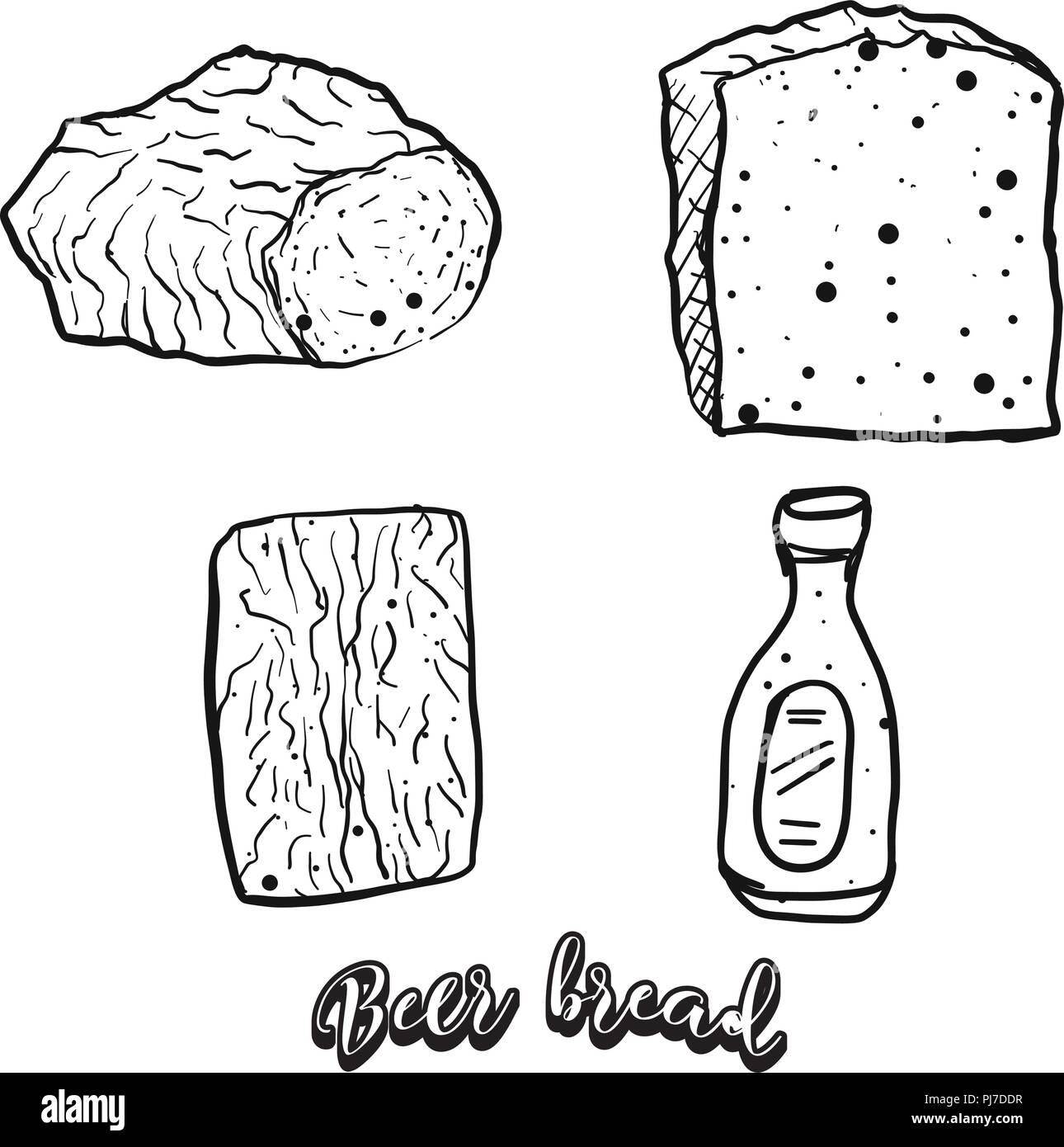 Mano bozzetto di pane alla birra. Vettore di disegno di Quick o pane di lievito alimentare, usualmente noto in Europa e negli USA. Illustrazione di pane serie. Illustrazione Vettoriale