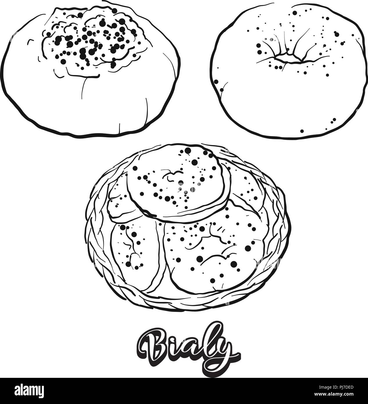 Mano bozzetto di Bialy pane. Vettore di disegno di pane di lievito alimentare, usualmente noto in Europa centrale. Illustrazione di pane serie. Illustrazione Vettoriale