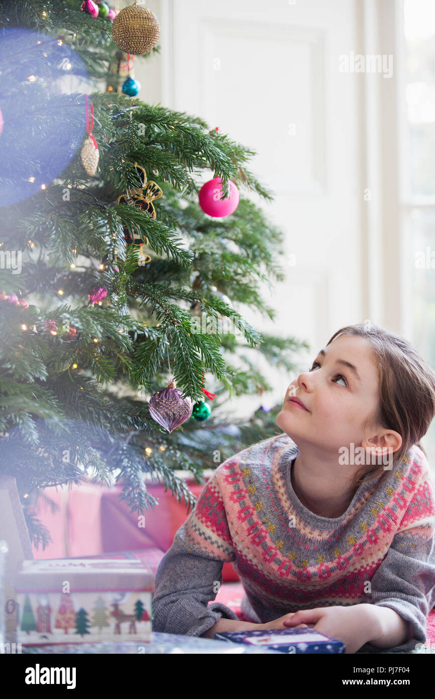 Curiosa la ragazza con il dono che guarda l albero di Natale Foto Stock