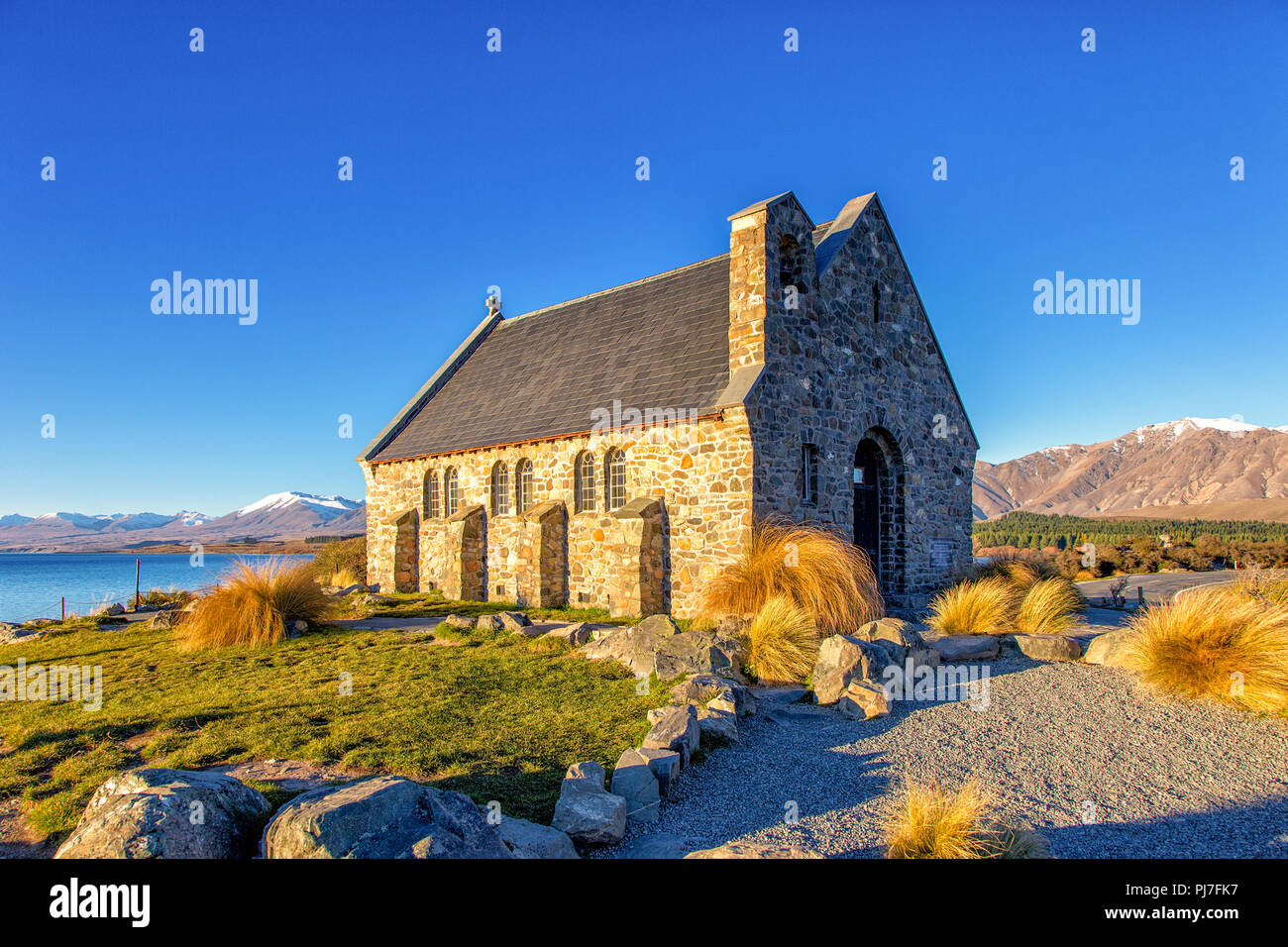 Chiesa del Buon Pastore a Lago Tekapo a Mount Cook Nationapark, Nuova Zelanda, Isola del Sud Foto Stock