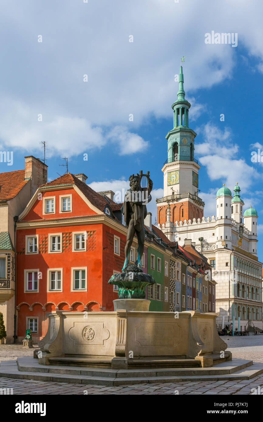 Fontana con la statua di Apollo sulla piazza della città vecchia a Poznan, Polonia Foto Stock