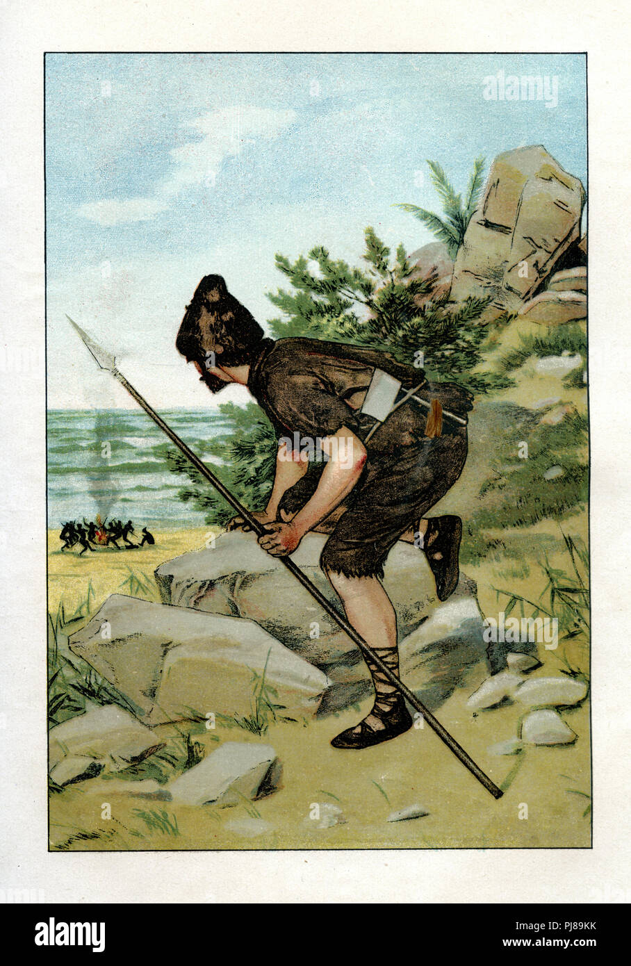 Robinson Crusoe scopre cannibali sulla sua isola, Foto Stock