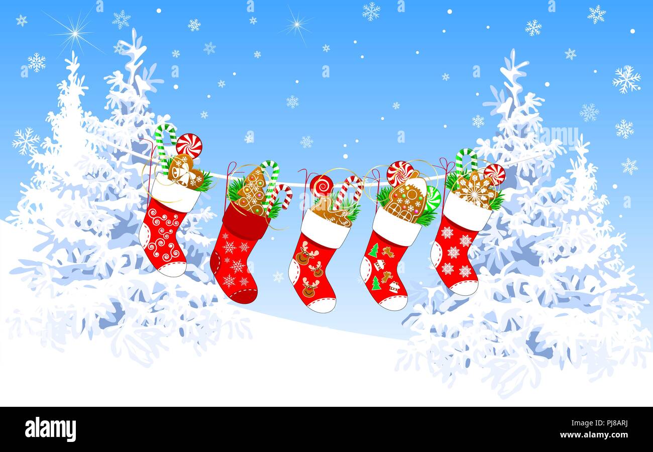 Calze di Natale con dolci su un sfondo inverno, contro uno sfondo di neve-coperta di abeti e il cielo con i fiocchi di neve. Illustrazione Vettoriale
