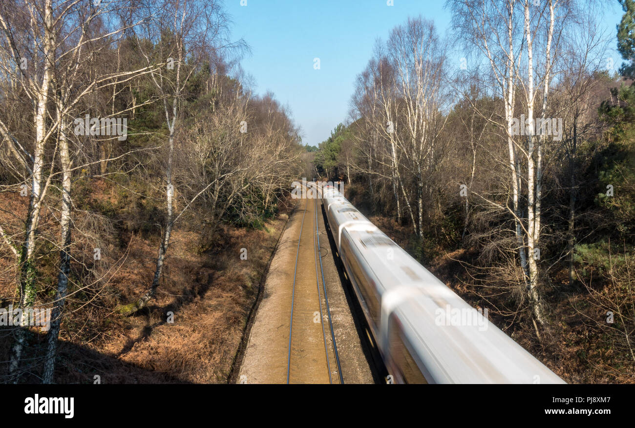 Dorchester, England, Regno Unito - 24 Febbraio 2018: a sud occidentale passeggero ferroviario treno corre attraverso un taglio nella campagna di Dorset. Foto Stock