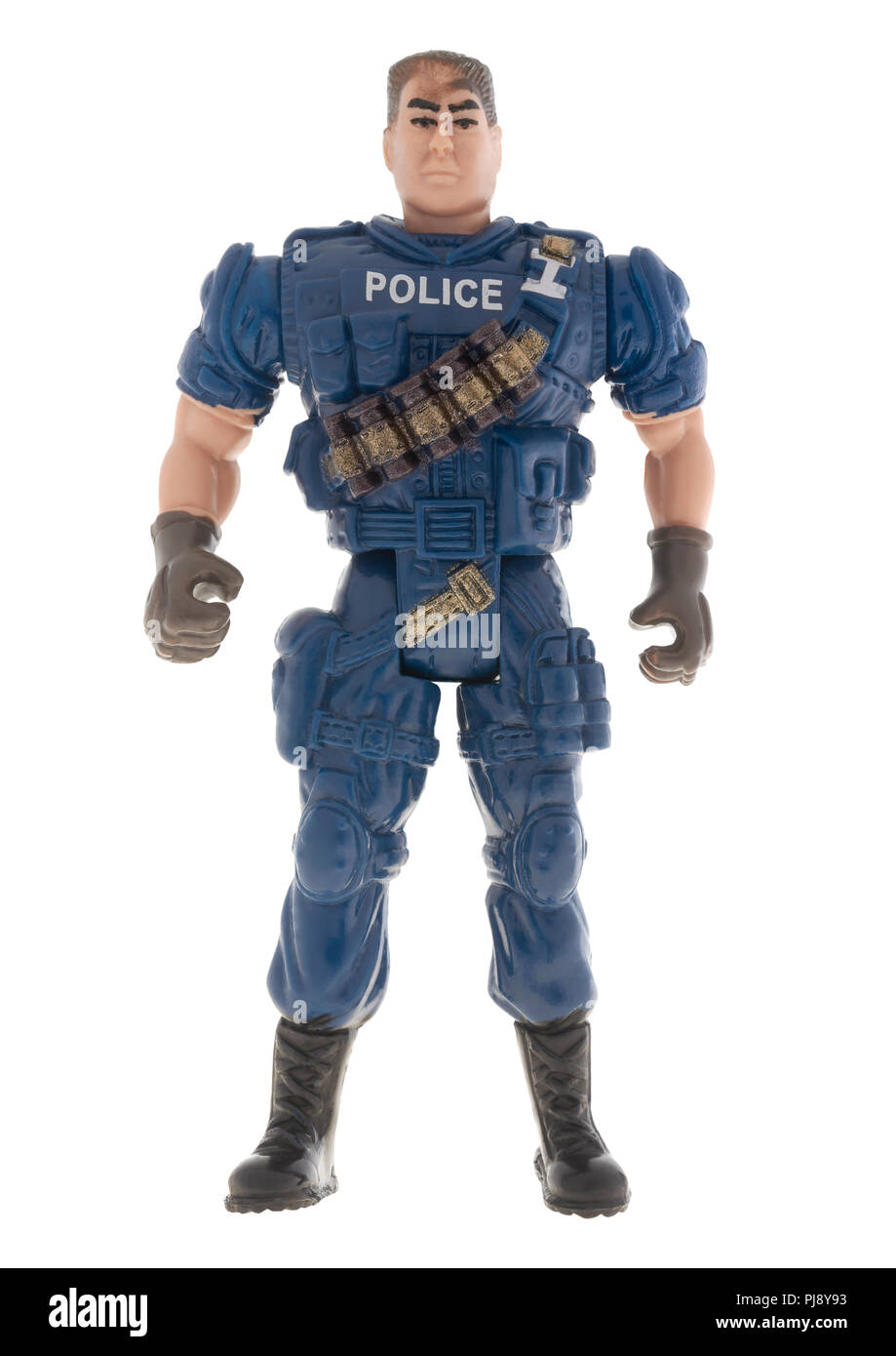 Azione di polizia figura giocattolo su sfondo bianco Foto Stock