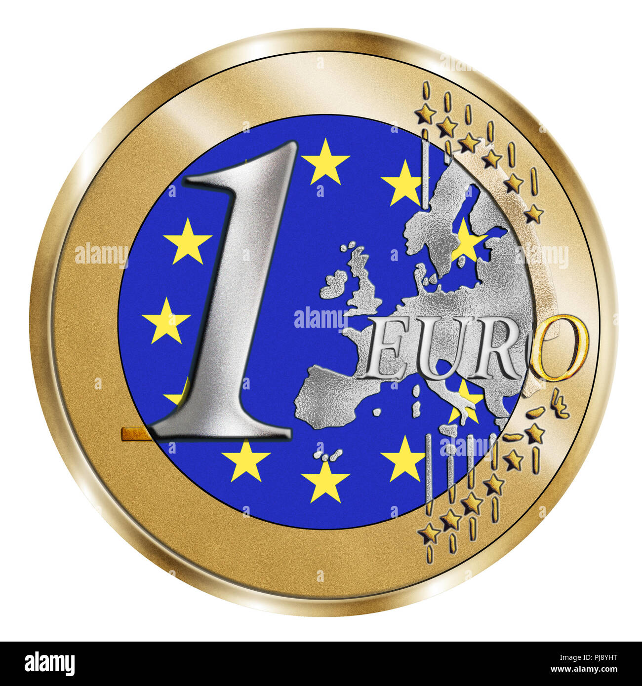 Un montaggio di stilizzazione di una 1 Euro moneta e la bandiera europea. Un composito di Photoshop con grano intarsiato sottolinea la vivida e argento effetto oro Foto Stock