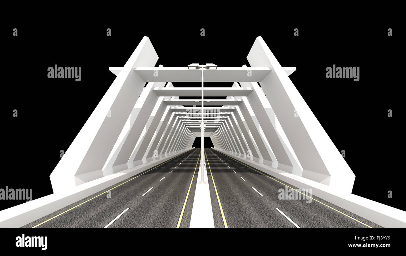 Tunnel,il rendering 3d,3d'Illustrazione, Road,Street,luce notte, Bianco, Ponte,3d Bridge,3d Bridge illustrazione, Autostrada,Black,l'architettura, la Modalitã Bridge Foto Stock