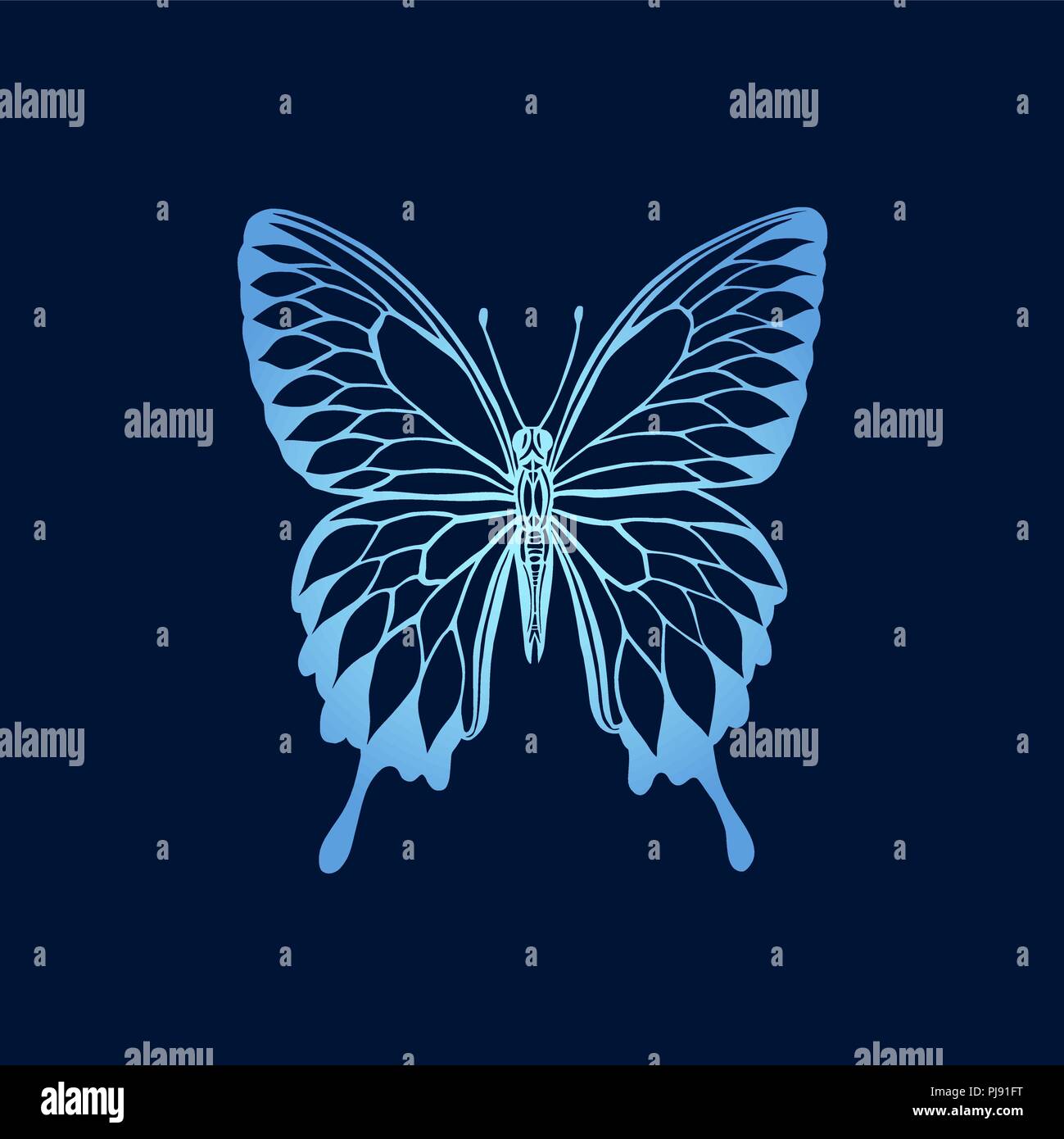 Illustrazione Vettoriale di gradiente butterfly su sfondo blu. Silhouette Butterfly stencil Illustrazione Vettoriale