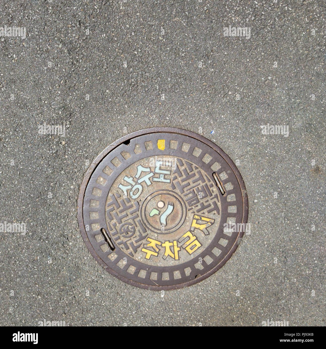Un coperchio di impianti di alimentazione acqua sulla strada, dice no parcheggio Foto Stock