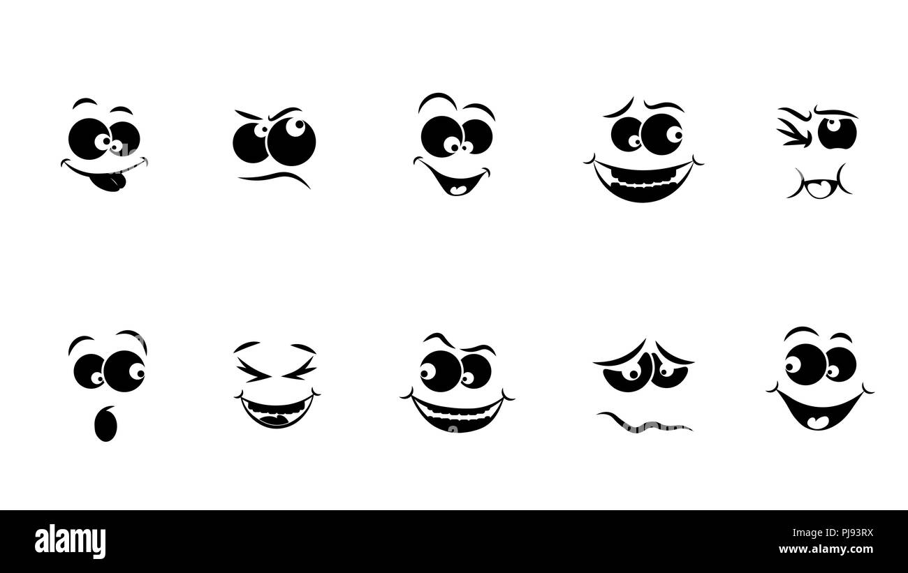 Set di emoticon, icona emoji isolati su sfondo bianco. In bianco e nero Illustrazione Vettoriale