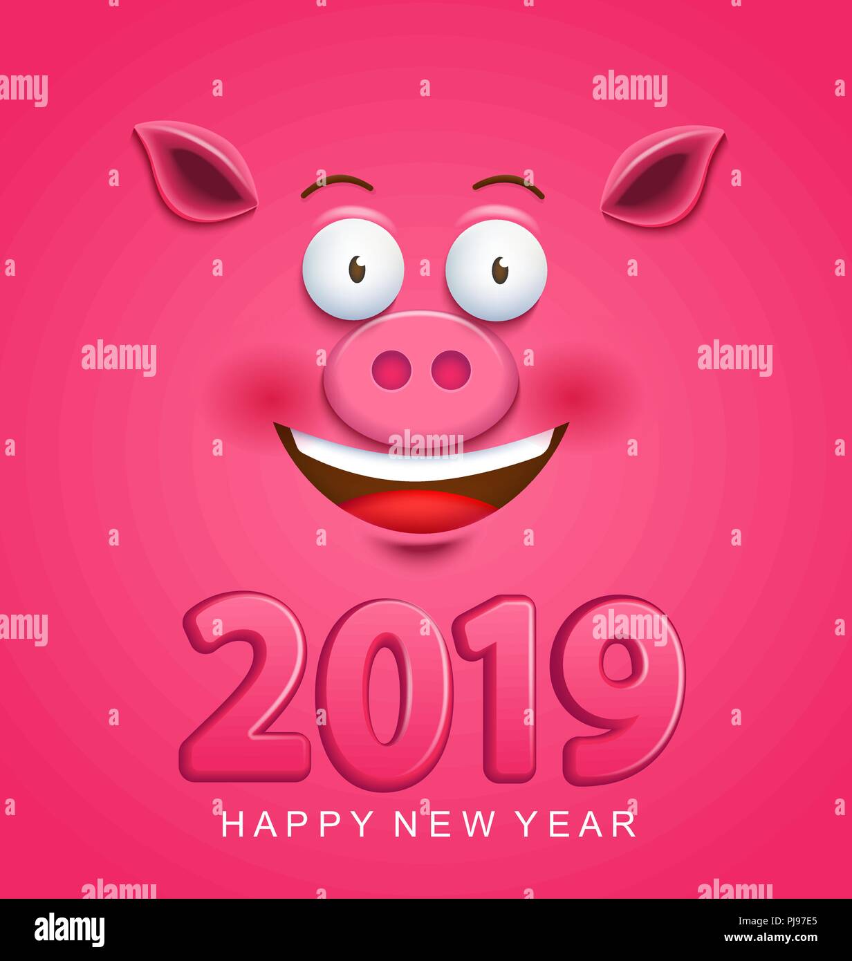 Simpatico biglietto di auguri per il 2019 anno nuovo con sorridente del maiale faccia su sfondo rosa. Simbolo cinese del 2019 anno. Zodiac e segno lunare di goroscope. Anno del maiale. Illustrazione Vettoriale. Illustrazione Vettoriale