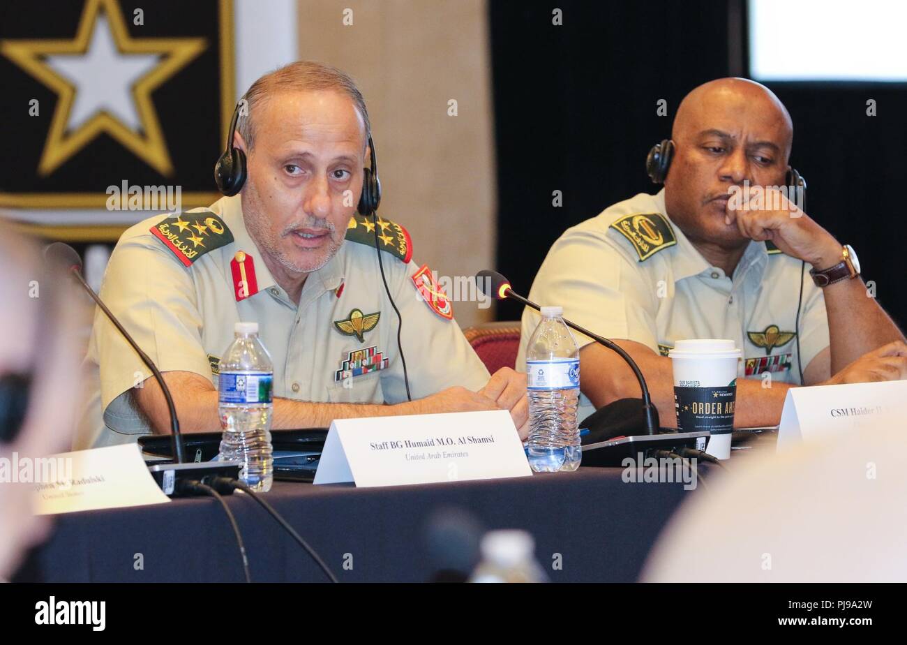 Il personale di Brig. Gen. Humaid M.O. Al Shamsi, capo del personale, Emirati Arabi Uniti le Forze terrestri e il comando Sgt. Il Mag. Haider H.A. Al Blooshi, arruolati senior advisor, U.A.E. Forze terrestri, spiega come benefico esercizi combinati sono per l'interoperabilità a 2018 Senior Strategy Session - Arabian Peninsula / Levant in Arlington, VA, luglio 10, 2018. La conferenza ha promosso i successi della coalizione permanente azione contro le minacce emergenti e una migliore comprensione condivisa della terra regionale vigore controparti per investire in le giuste capacità per conseguire una migliore interoperabilità e maggiore efficacia Foto Stock