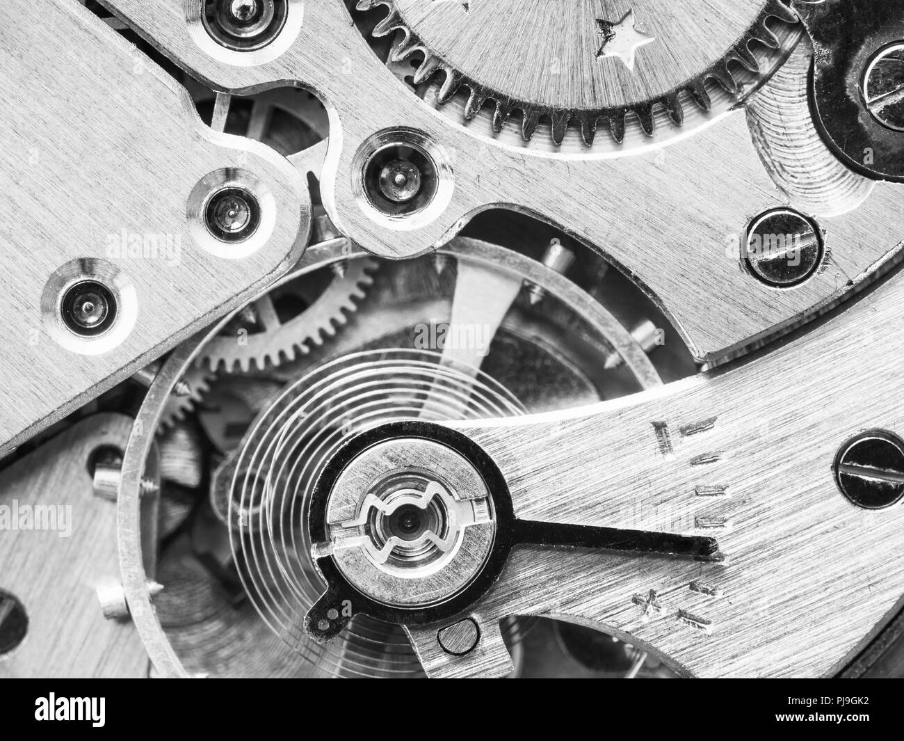 Meccanismo del vecchio orologio meccanico vicino fino in bianco e nero stile Foto Stock
