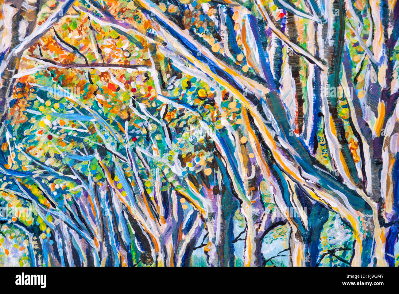 Dettagli di dipinti acrilico che mostra colore, texture e tecniche. Un viale di alberi in autunno colori. Foto Stock