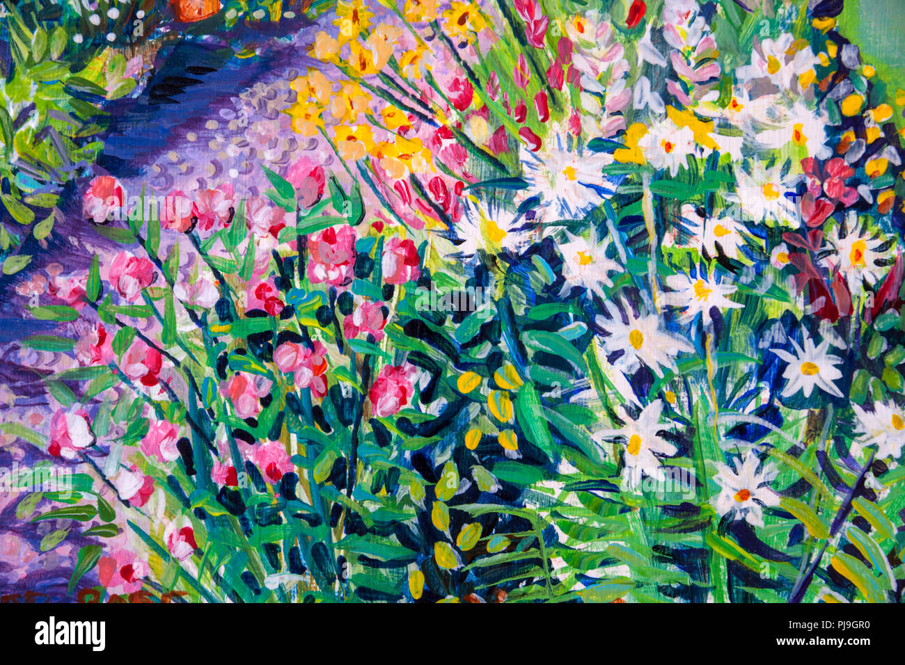 Dettagli di dipinti acrilico che mostra colore, texture e tecniche. Estate Garden cottage flower confine. Foto Stock