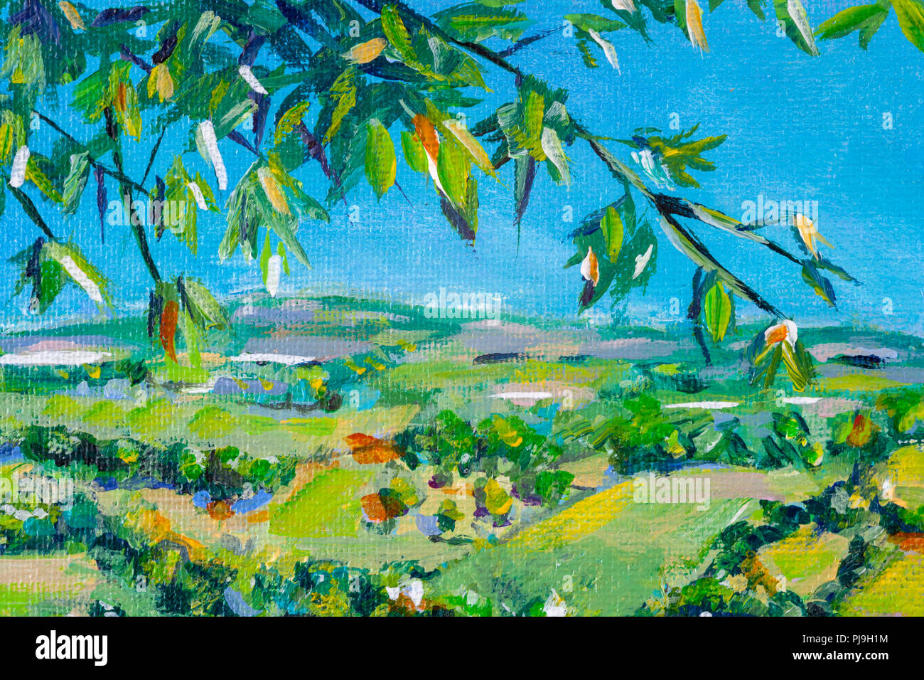 Dettagli di dipinti acrilico che mostra colore, texture e tecniche. Struttura espressionistici e campo di vista collina. Foto Stock