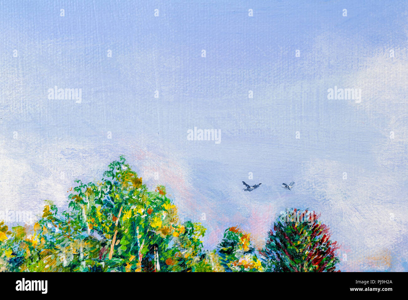 Dettagli di dipinti acrilico che mostra colore, texture e tecniche. Treetops con due uccelli in volo in un cielo blu. Foto Stock