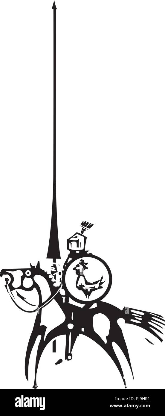 Xilografia stile immagine espressionista del cavaliere e un alto lancia Illustrazione Vettoriale