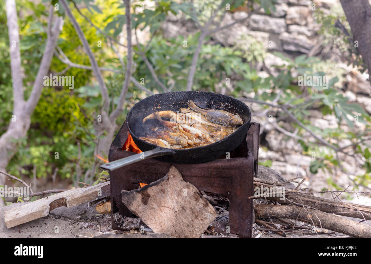 La frittura piccolo pesce appena pescato sulla parte superiore di una stufa di cambio all'esterno. Foto Stock