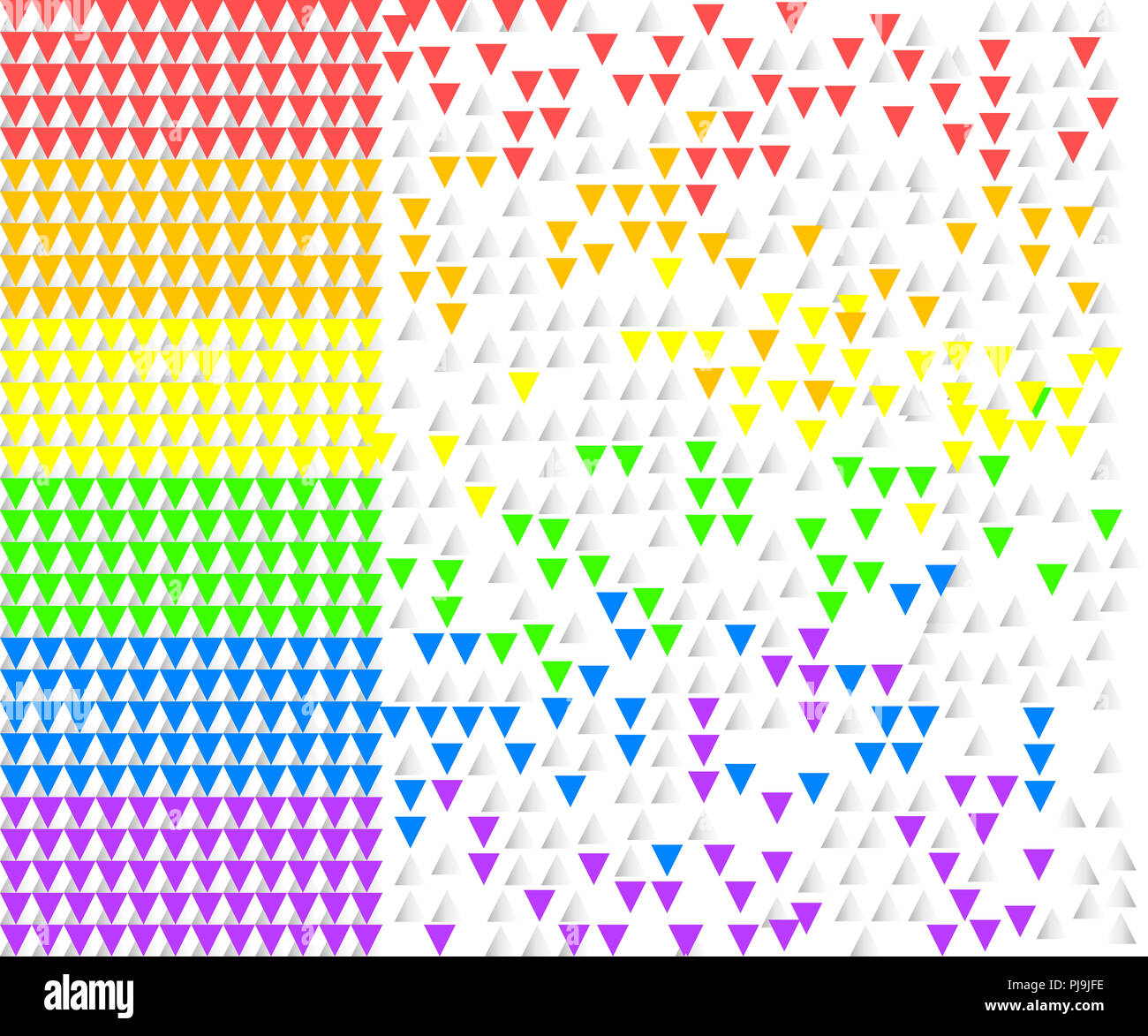 Rainbow forma a strisce di battenti triangoli colorati su sfondo bianco. Foto Stock