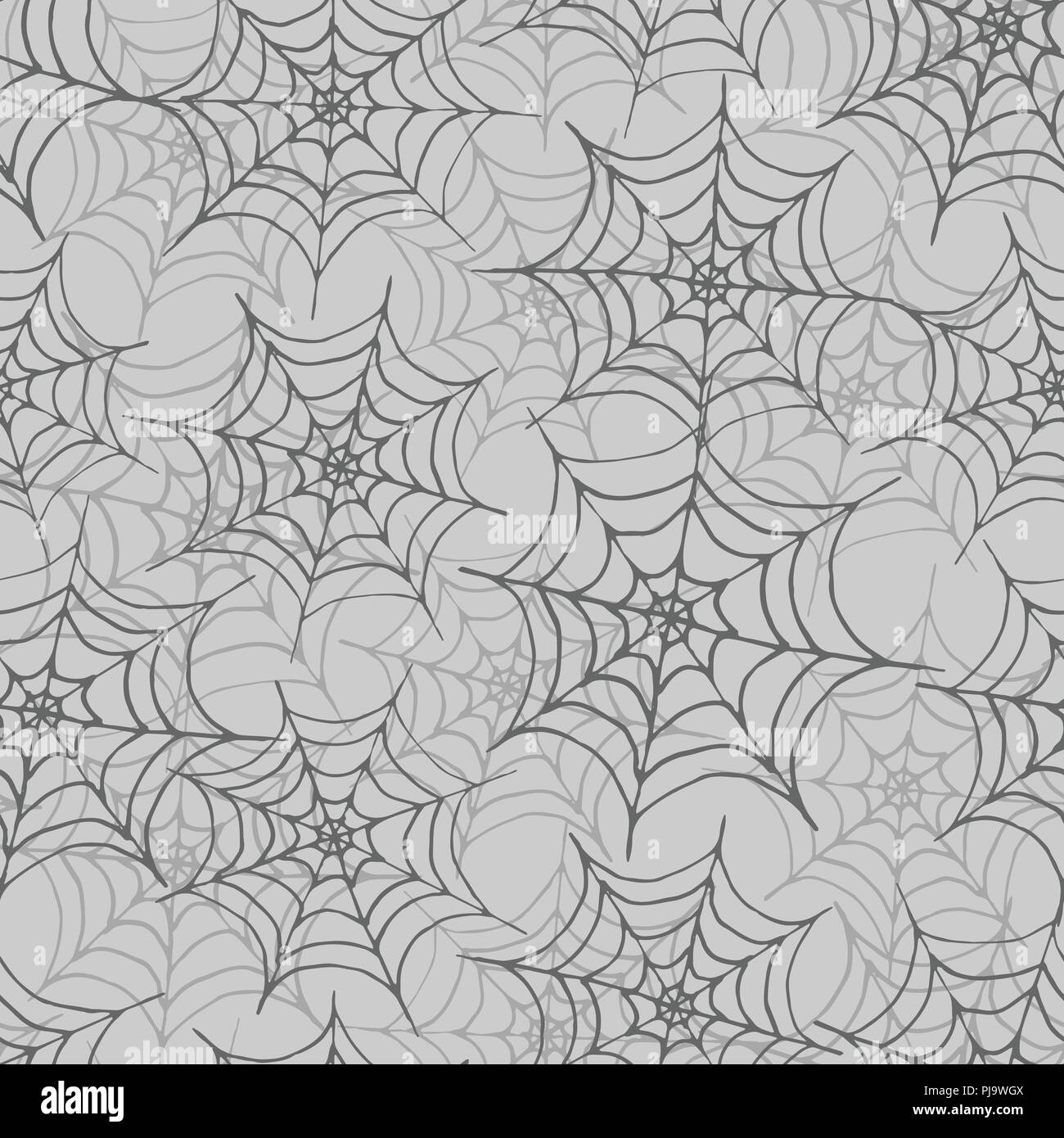 Disegnata a mano vector spider web seamless pattern su sfondo grigio. Il design di Halloween. Illustrazione Vettoriale