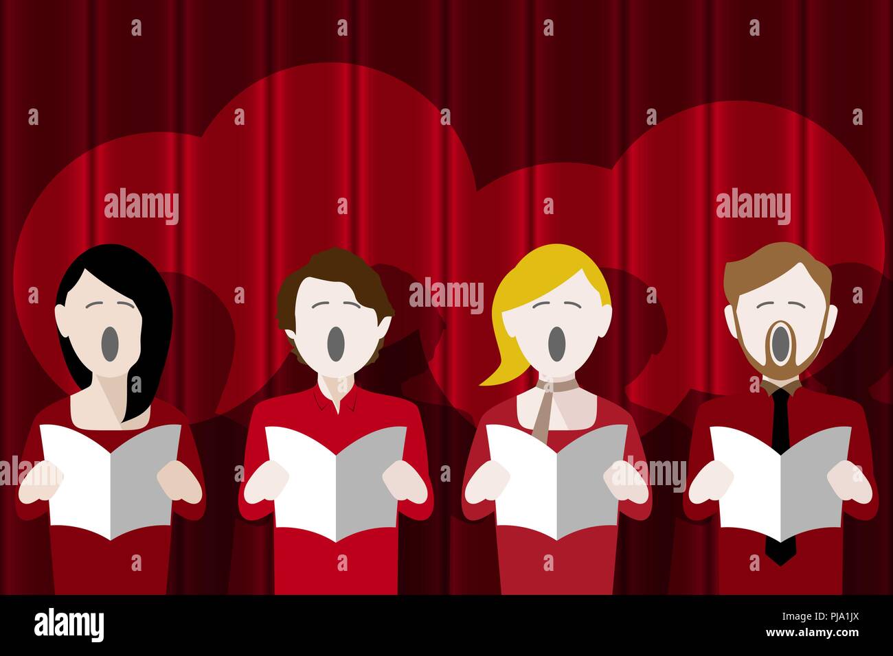 Coro cantanti cantare di fronte a un rosso sipario di un palcoscenico Illustrazione Vettoriale