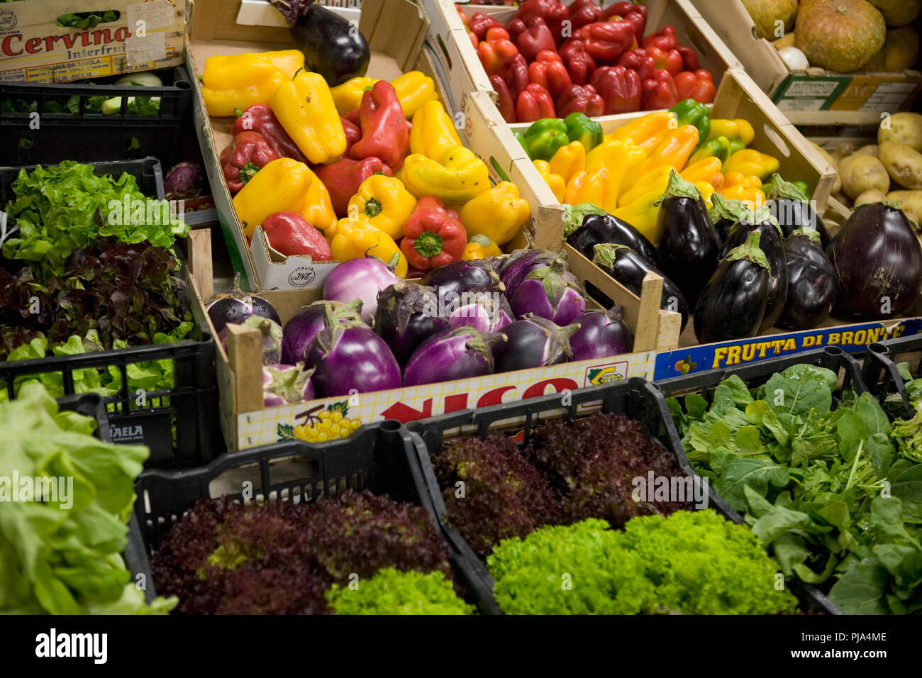Display a colori di vegatables su un cibo in stallo il Mercato Centrale di San Giovanni, Firenze, Toscana, Italia Foto Stock