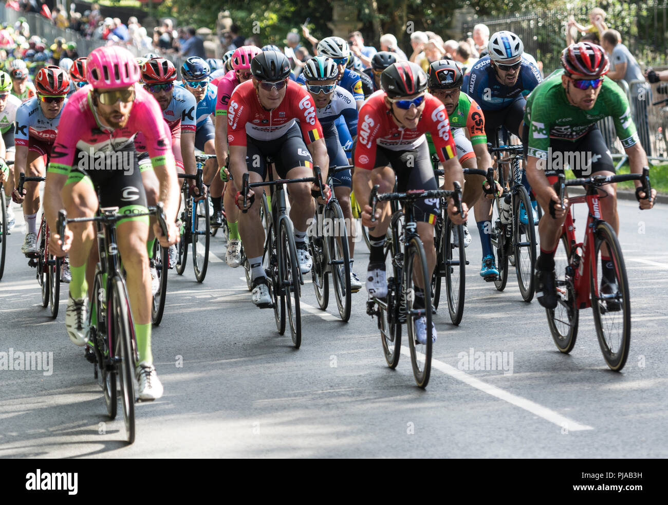 Leamington Spa, Regno Unito. 5 settembre 2018. Leamington Spa Warwickshire, Inghilterra, Regno Unito. Il peloton leader si avvicina alla fine della quarta fase dell'Ovo Energy Tour della Gran Bretagna in Leamington Spa. Importante è il cavaliere tedesco Andre Greipel (casco nero) del Lotto Soudal team che ha vinto questa tappa che ha iniziato a Nuneaton. Foto Stock