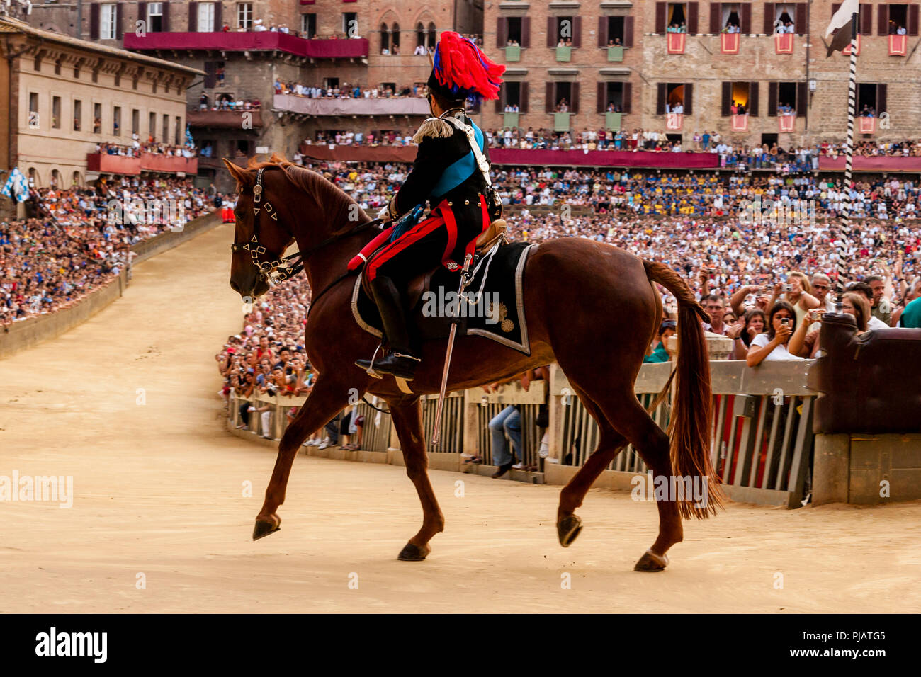 La sezione montata dei Carabinieri (forza di polizia) Preparare per correre intorno alla pista prima dell'inizio del Palio di Siena, Siena, Italia Foto Stock